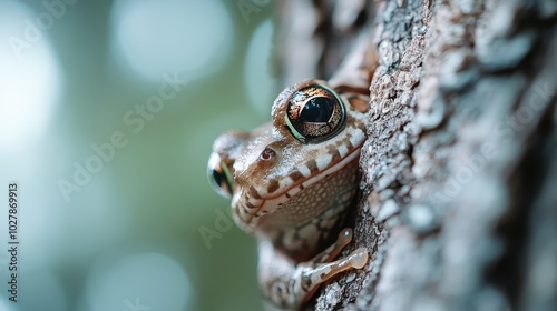A tree-climbing frog clutches a vertical trunk in its leafy rainforest habitat, showcasing its adaptability and expressions of peace within the lush environment.
