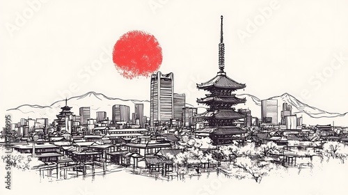 A stylized drawing of Tokyo, Japan, with temples, skyscrapers, and mountains. A red sun rises in the background.

