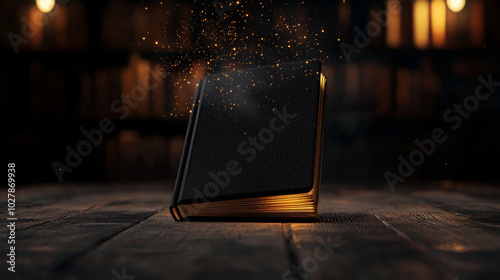 An animated book with sparkling magic effects on a wooden table in a dimly lit library.