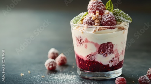 This image showcases a tempting raspberry dessert layered with cream and topped with fresh mint leaves, presented in a glass with a sugared rim on a dark table. photo