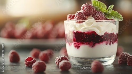 A delightful raspberry cream dessert featuring layers of fresh berries, whipped cream, and a mint garnish, served in a glass for a visually appealing treat. photo