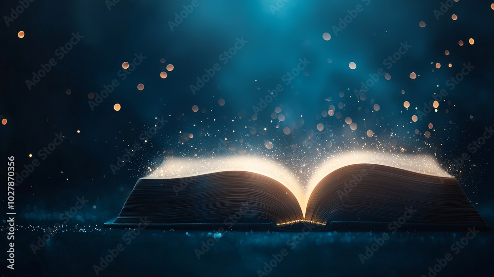 Naklejka premium An open book radiating magical light in a mystical setting.