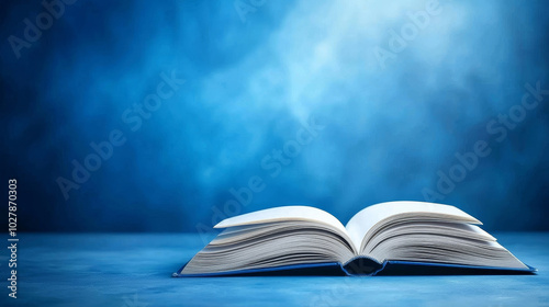 An open book on a textured blue background, symbolizing knowledge and imagination.