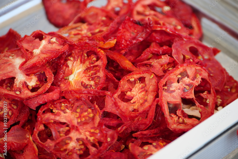 Food in winter in Turkey is dried tomatoes dried in the sun, dried tomatoes on a plate,