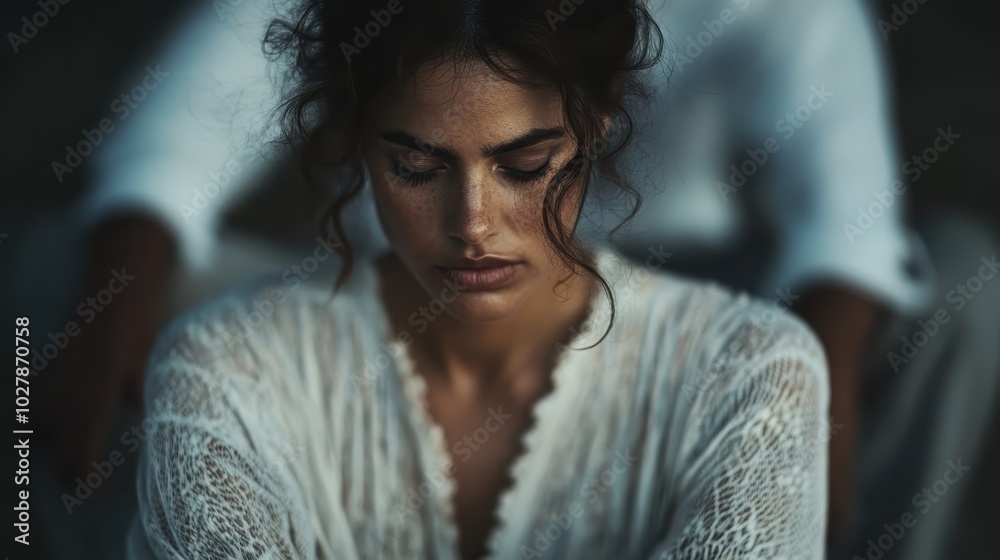 A deep contemplation seen through the reflective expression of a woman in delicate white lace, offering a moment of thoughtfulness captured intimately. A deep contemplation seen through the reflective expression of a woman in delicate white lace, offering a moment of thoughtfulness captured intimately.