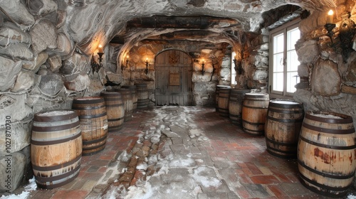 Rustic wintery cellar with wooden barrels under an icy cavernous ceiling illuminated by warm torchlight, conveying a sense of mystical tranquility