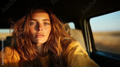 A woman with long hair gazes out from inside a vehicle, sunlight casting gentle shadows across her serene face, embodying calm and introspective vibes.