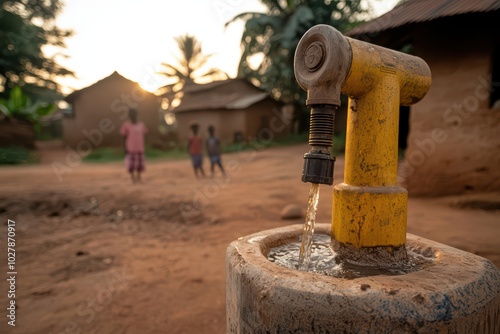 A water pump in a rural village, providing essential hydration to the community during sunset.