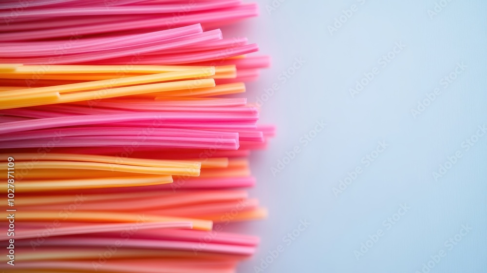 A detailed close-up image displays pink, orange straws lined up against a plain background, showcasing their cheerful color, simplicity, and orderliness. A detailed close-up image displays pink, orange straws lined up against a plain background, showcasing their cheerful color, simplicity, and orderliness.