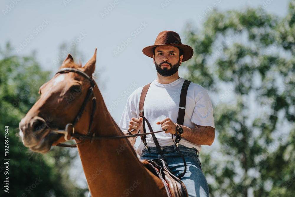 Fototapeta premium Bearded man in hat riding a brown horse outdoors on a sunny day, surrounded by trees and greenery.