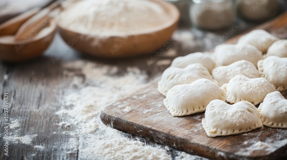 A selection of plump, flour-dusted dumplings are carefully arranged on an aged wooden cutting board, embodying culinary expertise and a love for homemade cuisine. A selection of plump, flour-dusted dumplings are carefully arranged on an aged wooden cutting board, embodying culinary expertise and a love for homemade cuisine.