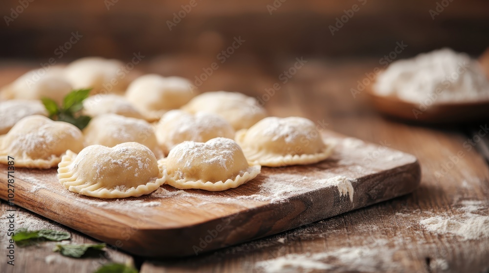 Handmade dumplings sit dusted with flour on a rustic wooden board, evoking a sense of homely warmth and tradition, ready to be cooked to perfection. Handmade dumplings sit dusted with flour on a rustic wooden board, evoking a sense of homely warmth and tradition, ready to be cooked to perfection.