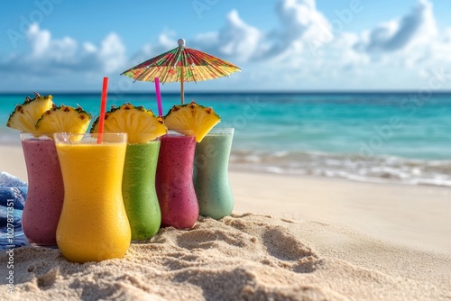 Colorful tropical drinks wait on the sandy beach. Refreshing cocktails served in vibrant glasses. Enjoy a summer vibe with these tasty treats. Generative AI