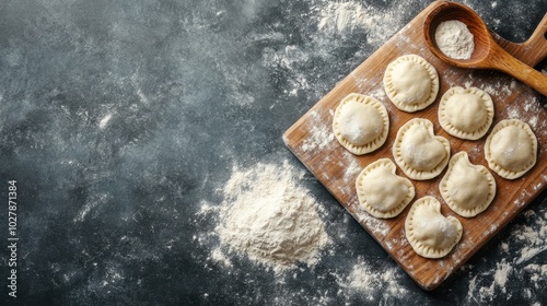 A rustic wooden board dusted with flour holds a collection of beautifully crafted, freshly made dumplings, waiting to be cooked, symbolizing home-cooked traditions. photo