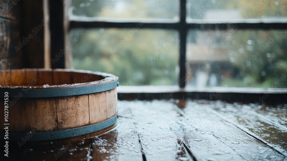 A rustic wooden barrel sits by a rain-dropped window, looking out onto a blurred, rainy landscape, creating a cozy yet melancholic, reflective ambiance for viewers. A rustic wooden barrel sits by a rain-dropped window, looking out onto a blurred, rainy landscape, creating a cozy yet melancholic, reflective ambiance for viewers.