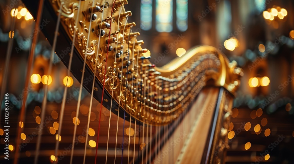 A beautifully crafted golden harp in an ornate hall showcasing intricate details and elegant surroundings with softly glowing ambient lighting and a blurred background emphasizing the instrument's