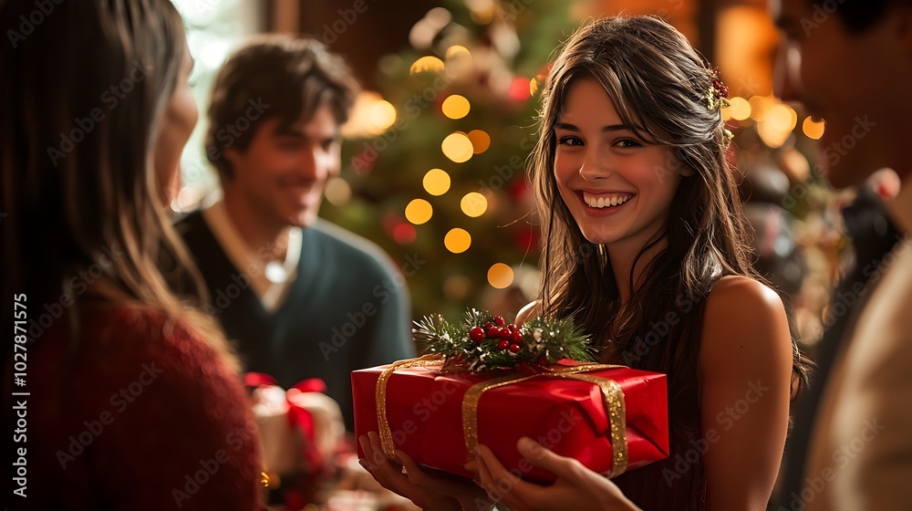 Friends exchanging holiday gifts with big smiles at a Christmas party Friends exchanging holiday gifts with big smiles at a Christmas party