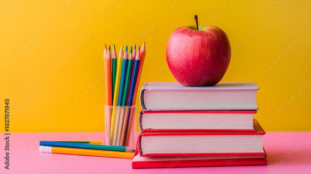 A stack of books with an apple on top, surrounded by colored pencils and school supplies against the background of a pink and yellow color block A stack of books with an apple on top, surrounded by colored pencils and school supplies against the background of a pink and yellow color block