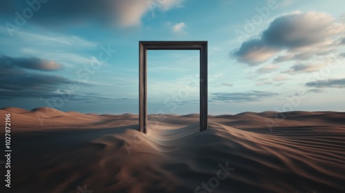 A lone picture frame stands prominently in the desert's undulating dunes, with a dramatic and expansive cloudy sky beyond, evoking a sense of timeless wonder.