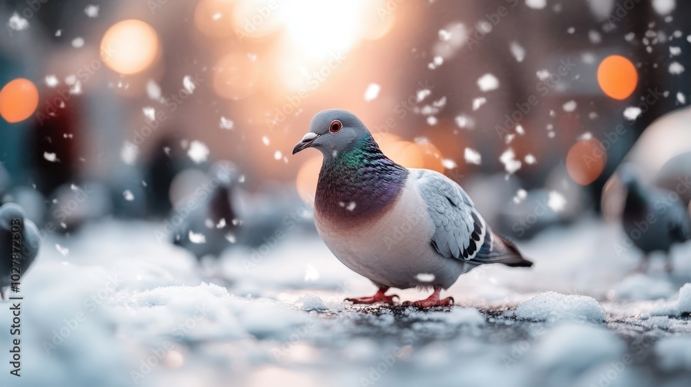 A solitary pigeon stands on snowy ground with a glowing sunset in the background, showcasing the intricacies of urban wildlife amidst a serene winter setting. A solitary pigeon stands on snowy ground with a glowing sunset in the background, showcasing the intricacies of urban wildlife amidst a serene winter setting.