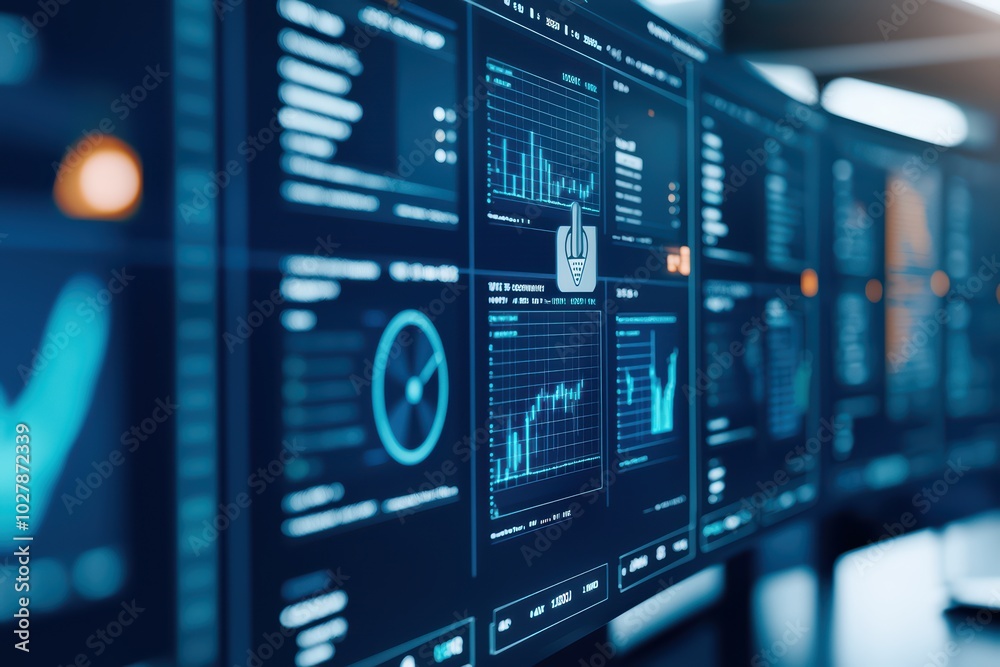 Fototapeta premium Data analysis and visualization on digital screens in a modern office environment.