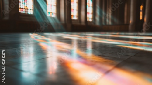 Wallpaper Mural Sunlight filters through stained glass windows, casting colorful reflections on the polished floor, enhancing the tranquil atmosphere of the interior space. Torontodigital.ca