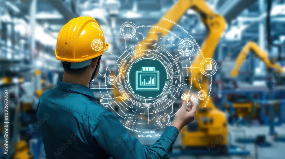 Engineer using digital technology to monitor automated machinery in a modern industrial environment. Engineer using digital technology to monitor automated machinery in a modern industrial environment.