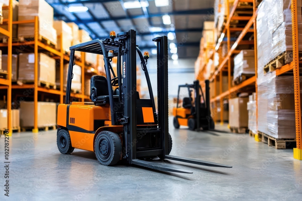 Forklift in a warehouse with pallets, showcasing heavy machinery in action. Forklift in a warehouse with pallets, showcasing heavy machinery in action.
