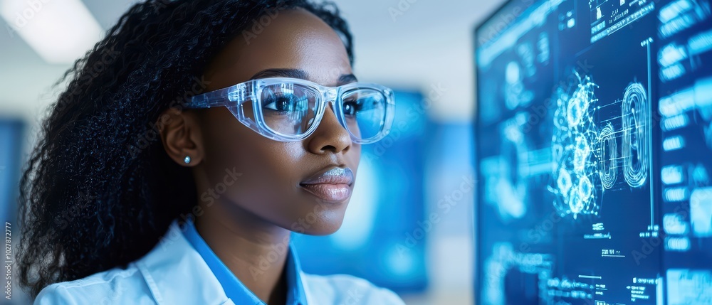 Focused scientist analyzing data on a digital screen in a modern lab environment. Focused scientist analyzing data on a digital screen in a modern lab environment.