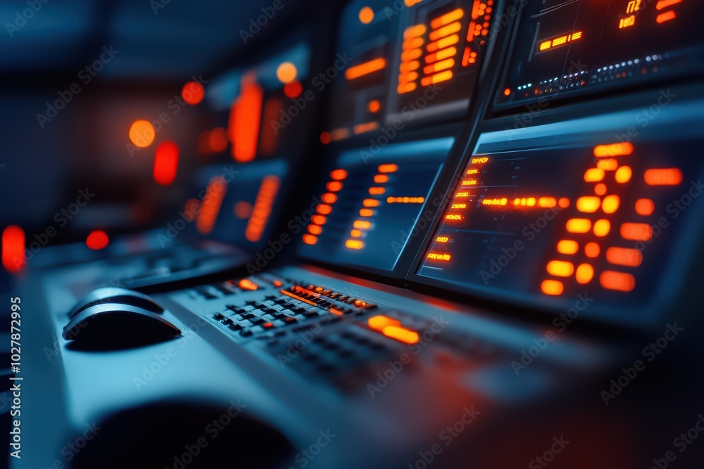 Futuristic control room with glowing screens and advanced technology for monitoring and data analysis. Futuristic control room with glowing screens and advanced technology for monitoring and data analysis.