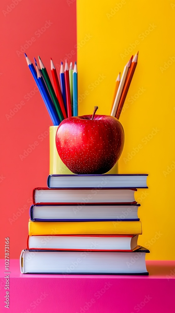 A stack of books with an apple on top, surrounded by colored pencils and school supplies against the background of a pink and yellow color block A stack of books with an apple on top, surrounded by colored pencils and school supplies against the background of a pink and yellow color block