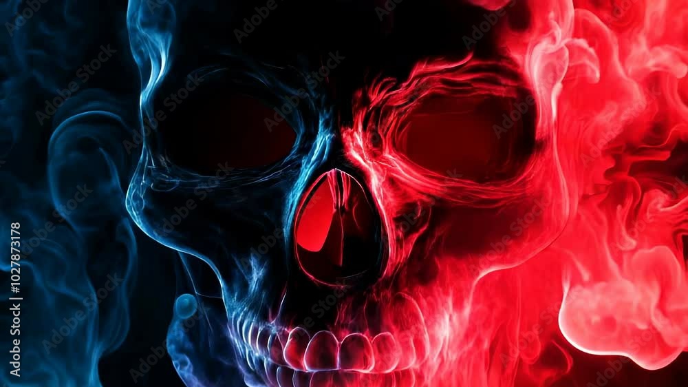 Abstract neon glowing skull on a dark background with smoke and light effects. Halloween celebration concept. High quality 4k footage Abstract neon glowing skull on a dark background with smoke and light effects. Halloween celebration concept. High quality 4k footage