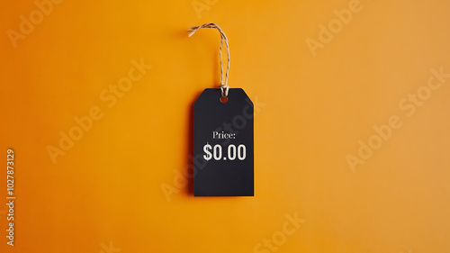 Black price tag with $0.00 on orange background minimal concept free sale promotion 
 photo