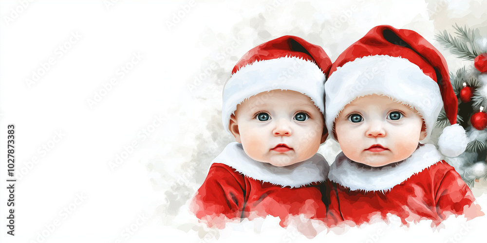 Twin babies in Santa outfits with Christmas tree and ornaments
Twin babies in Santa outfits with Christmas tree and ornaments
