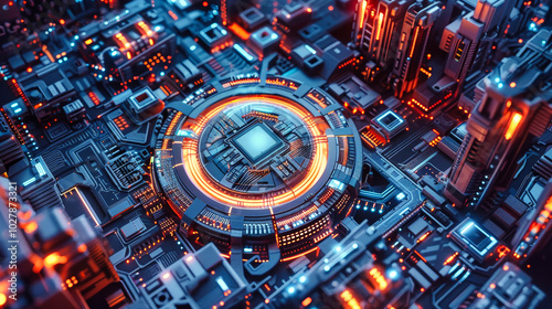 Wallpaper Mural Aerial view of a detailed AI chip with a holographic interface amidst futuristic circuits and buildings illuminated in vibrant colors at dusk Torontodigital.ca