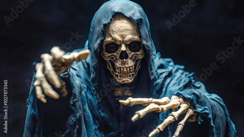 A grim reaper with a skeleton face in a dark blue cloak extends its gnarled fingers forward against a black background, capturing a haunting presence photo