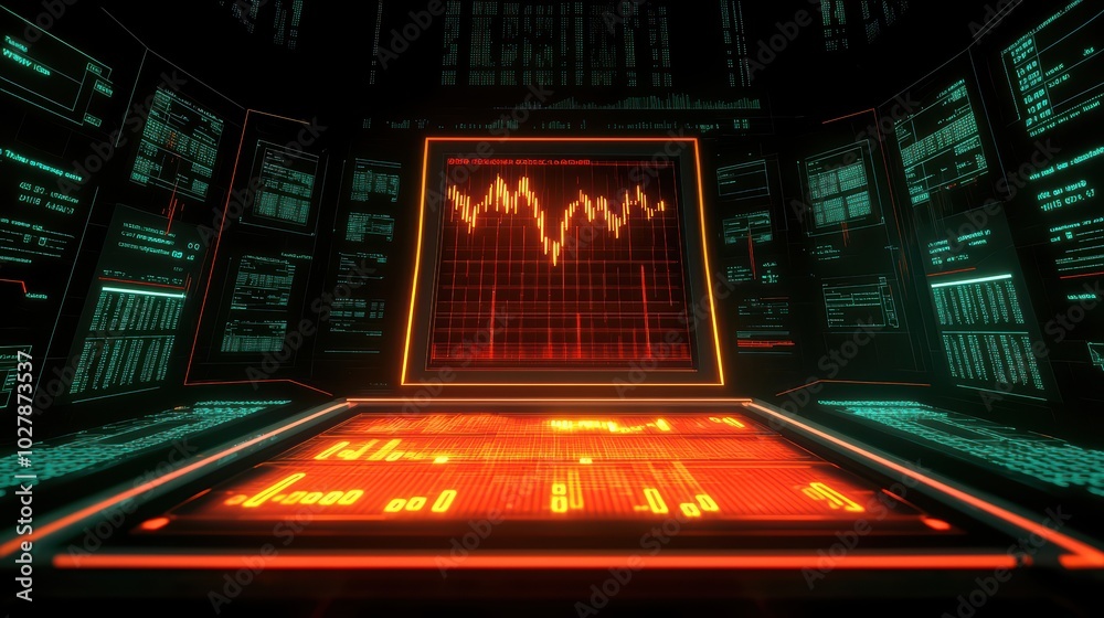 Obraz premium Futuristic interface displaying stock market data with glowing graphics on a digital screen.