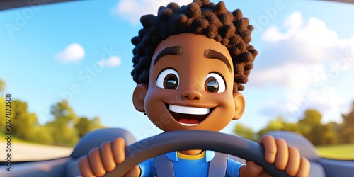 happy-looking black woman gripping the steering wheel of his car while driving, 3D animation style photo