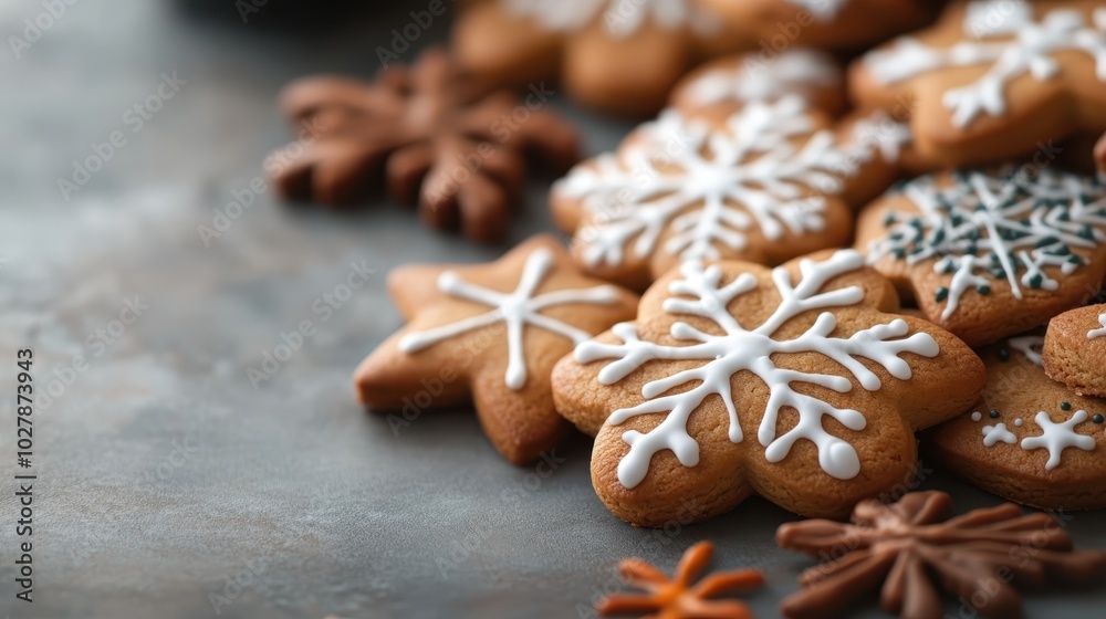 Star-shaped cookies intricately decorated with snowflake patterns in white icing, evoking the beauty and joy of the winter season and festive celebrations. Star-shaped cookies intricately decorated with snowflake patterns in white icing, evoking the beauty and joy of the winter season and festive celebrations.