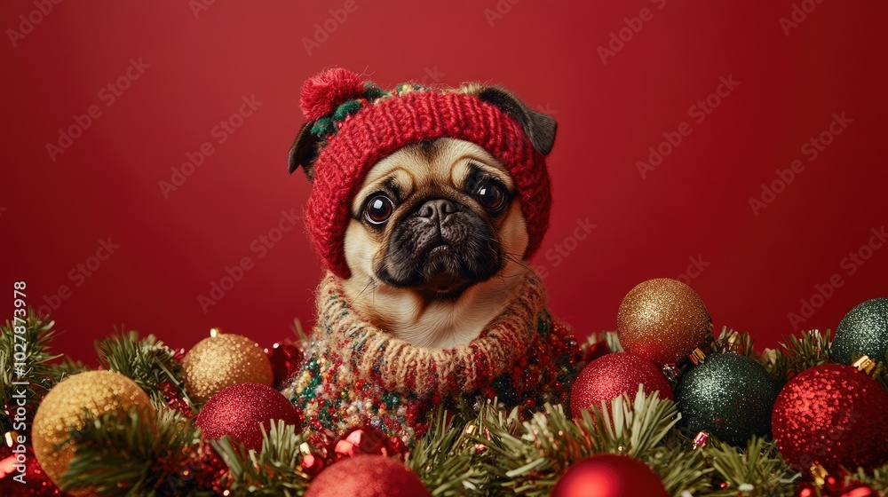 Festive Pug in Sweater and Hat Surrounded by Colorful Christmas Ornaments Festive Pug in Sweater and Hat Surrounded by Colorful Christmas Ornaments