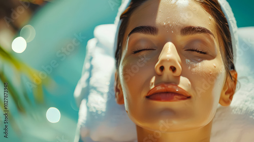 Woman is laying down with her eyes closed and a white towel on her head. She is relaxed and enjoying the moment