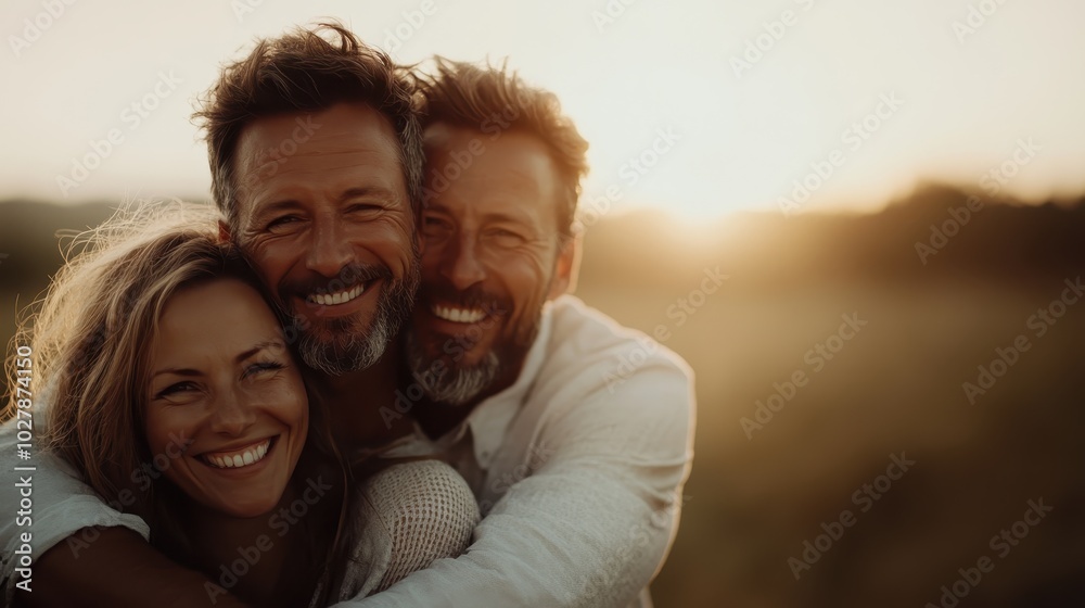 A beautiful moment of friendship captured as three smiling people embrace in a warm, golden sunset setting, embodying warmth, joy, and connection. A beautiful moment of friendship captured as three smiling people embrace in a warm, golden sunset setting, embodying warmth, joy, and connection.