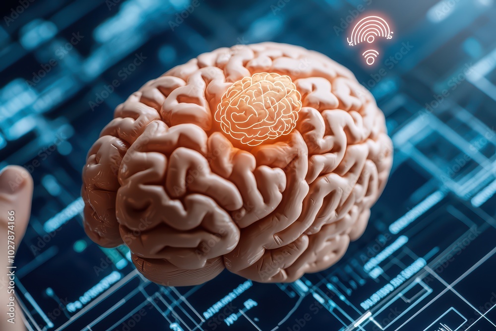 Illustration of a human brain with a highlighted area, overlaid on a digital background, symbolizing neuroscience and technology. Illustration of a human brain with a highlighted area, overlaid on a digital background, symbolizing neuroscience and technology.