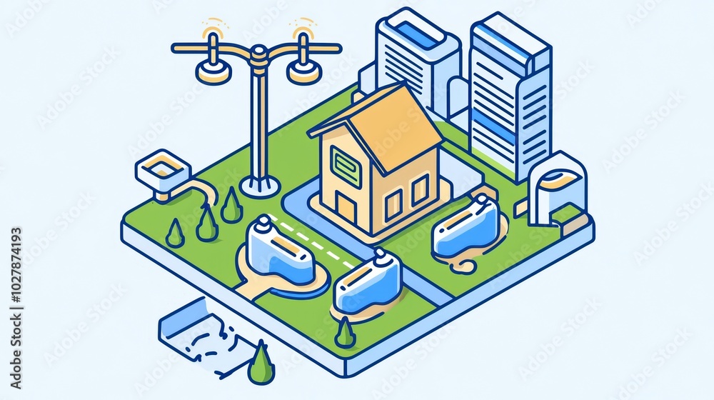 Naklejka premium Illustration of a modern cityscape with houses, water, and greenery, showcasing sustainable living and urban development.