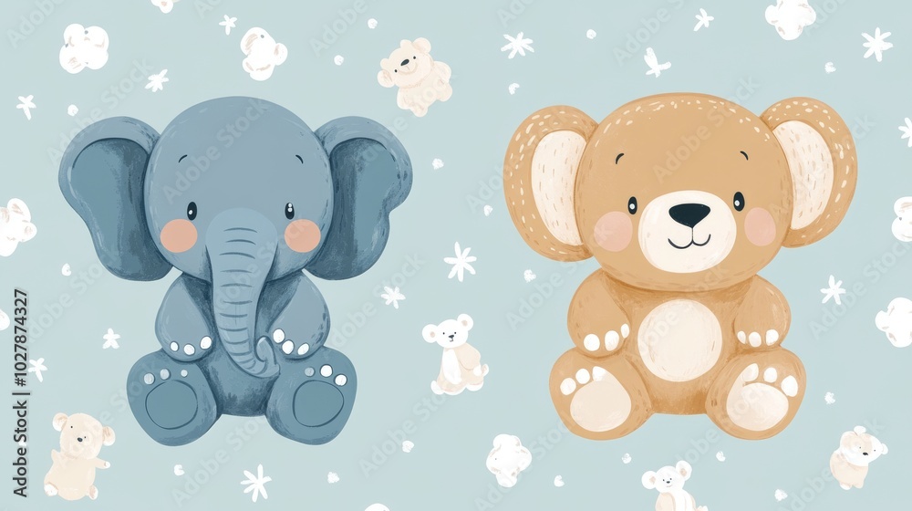 Adorable elephant family, cute vector illustration, seamless pattern for nursery prints and baby shower cards Adorable elephant family, cute vector illustration, seamless pattern for nursery prints and baby shower cards