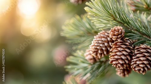 This close-up captures pine cones in stunning detail, nestled within a lush green pine branch, reflecting tranquility and the soothing essence of nature.