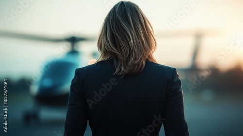 A woman stands with her back to the camera, facing a blurred helicopter in an open space, suggesting adventure, travel, and expectations with a crisp style.