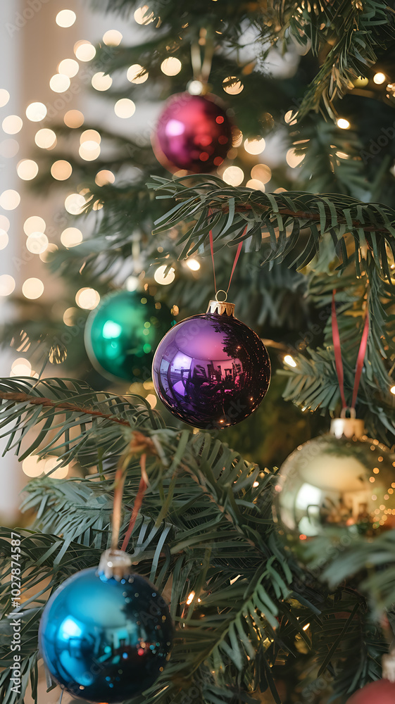 Shiny Christmas ornaments on a green tree with warm lights, purple and blue, festive holiday cheer.
Shiny Christmas ornaments on a green tree with warm lights, purple and blue, festive holiday cheer.