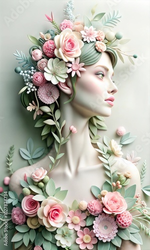 Floral portrait of a woman adorned with pastel flowers and leaves