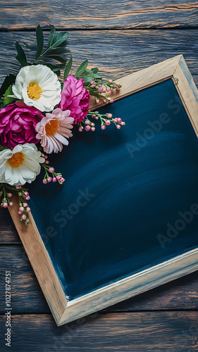 Chalkboard with pink and white flowers on a wooden background, perfect for spring or summer announcements. 

